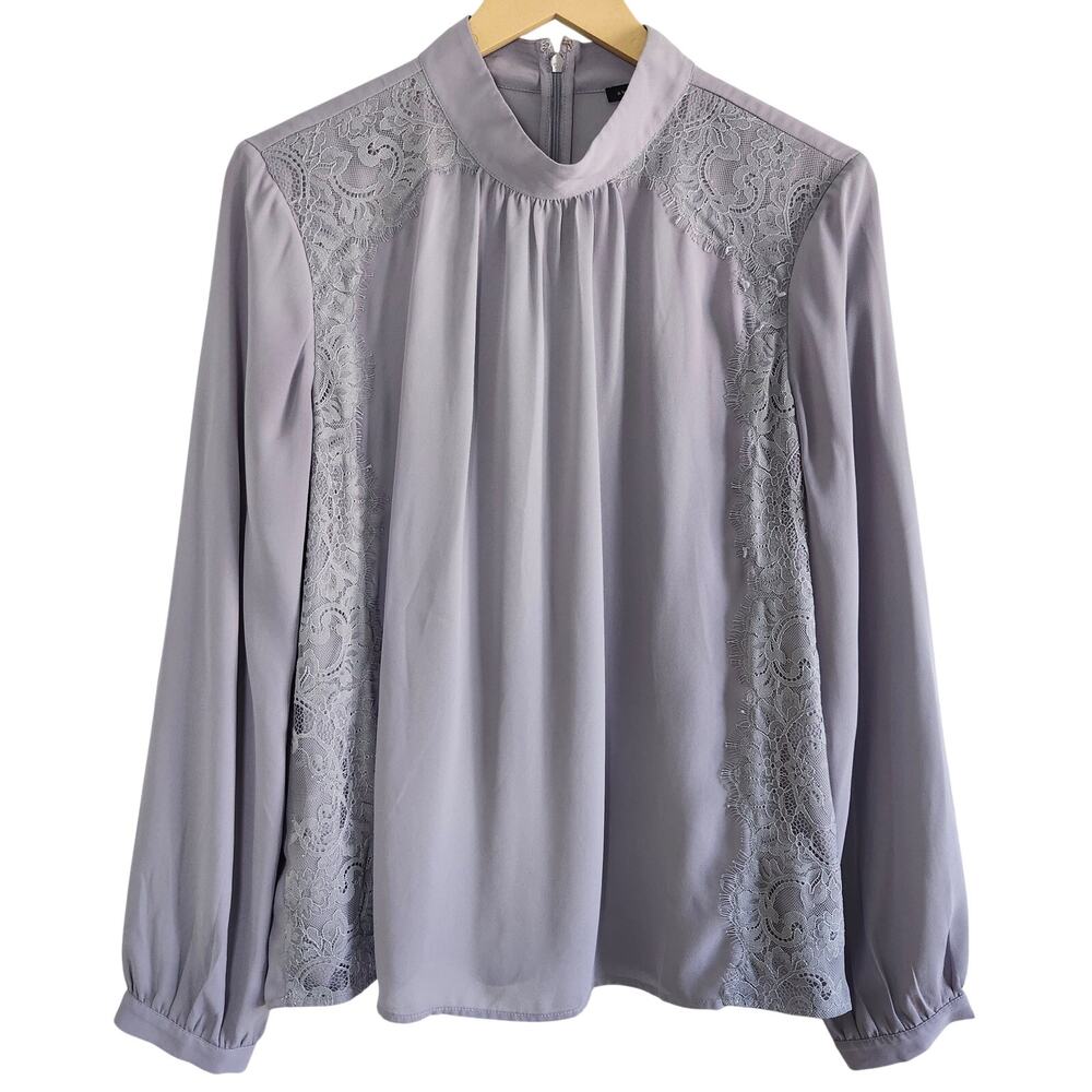 Ann Taylor Blue-Gray High Neckline Lace Overlay Blouse Size Medium